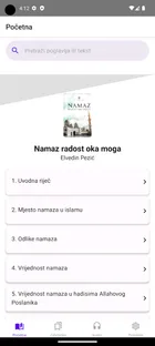 Početni ekran sa naslovnicom knjige i poglavljima