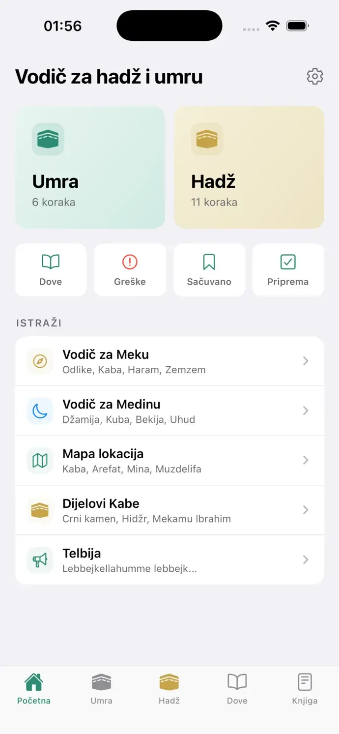 Početni ekran sa umrom i hadžom
