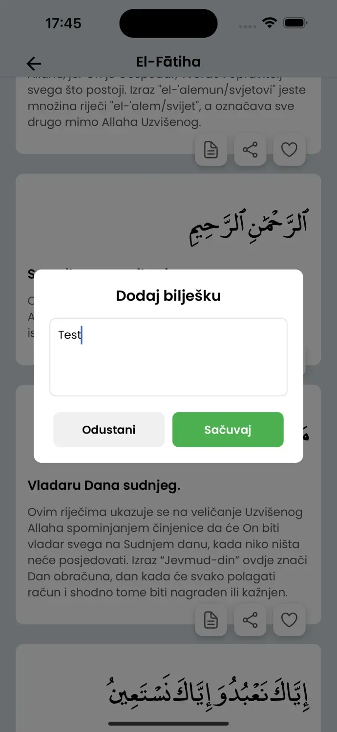 Dodavanje bilješke uz ajet